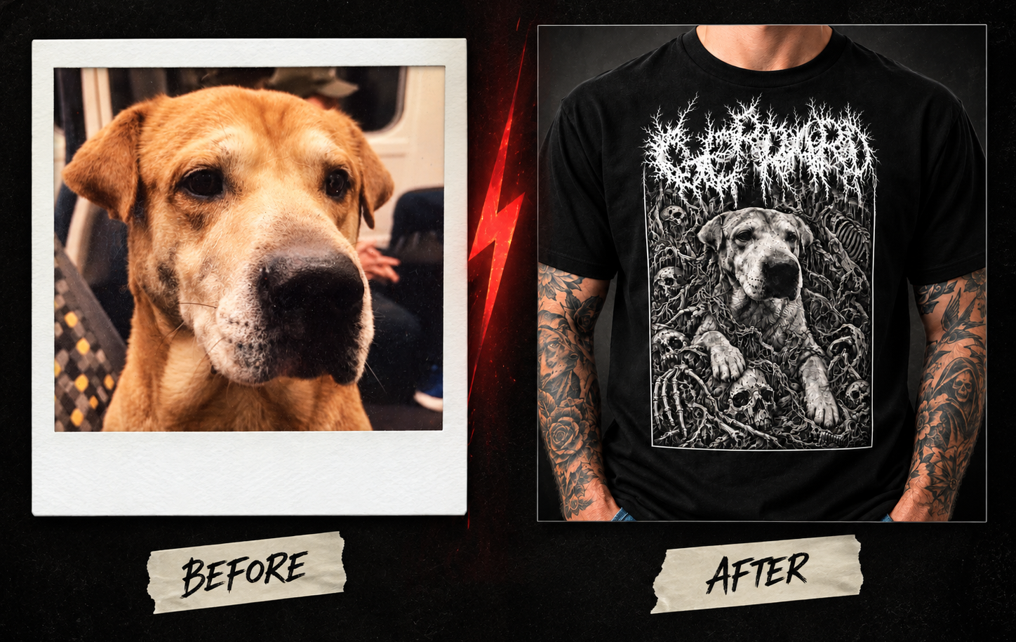 Before: Gerrard's photograph in a white Polaroid frame. After: a tattooed model wearing the approved Gerrard black-metal shirt, with a red lightning bolt between them.