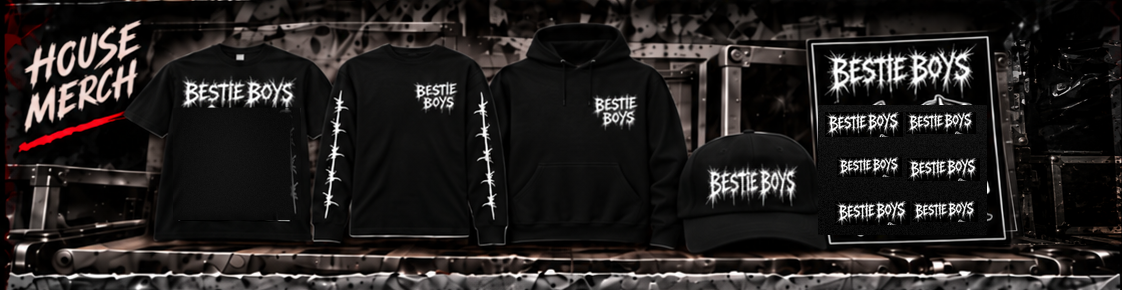 BestieBoys House Merch: tee, longsleeve, hoodie, cap and sticker sheet